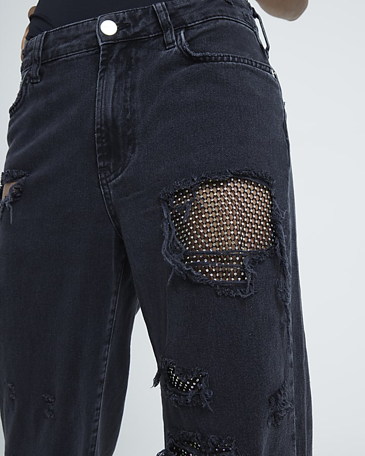 Black embellished rip relaxed straight jeans