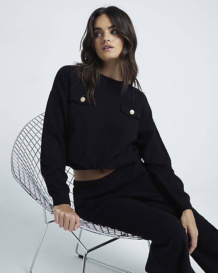 Black Boucle Elasticated Hem Sweatshirt