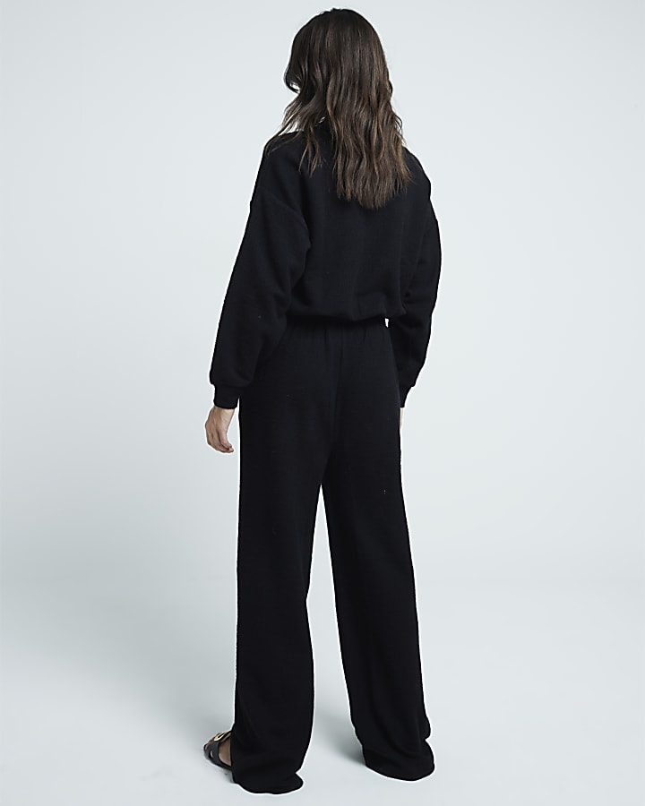 Black boucle wide leg trousers