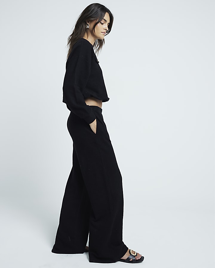 Black boucle wide leg trousers