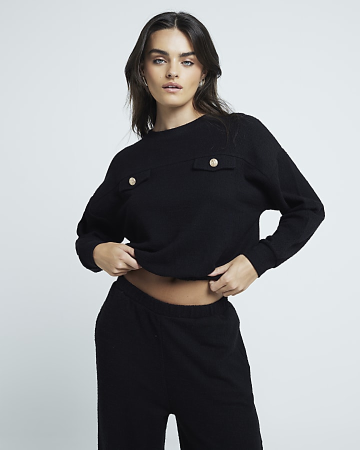 Black boucle wide leg trousers