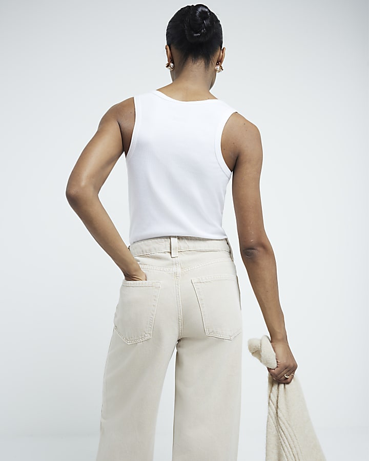 Cream Mid Rise Wide Leg jeans