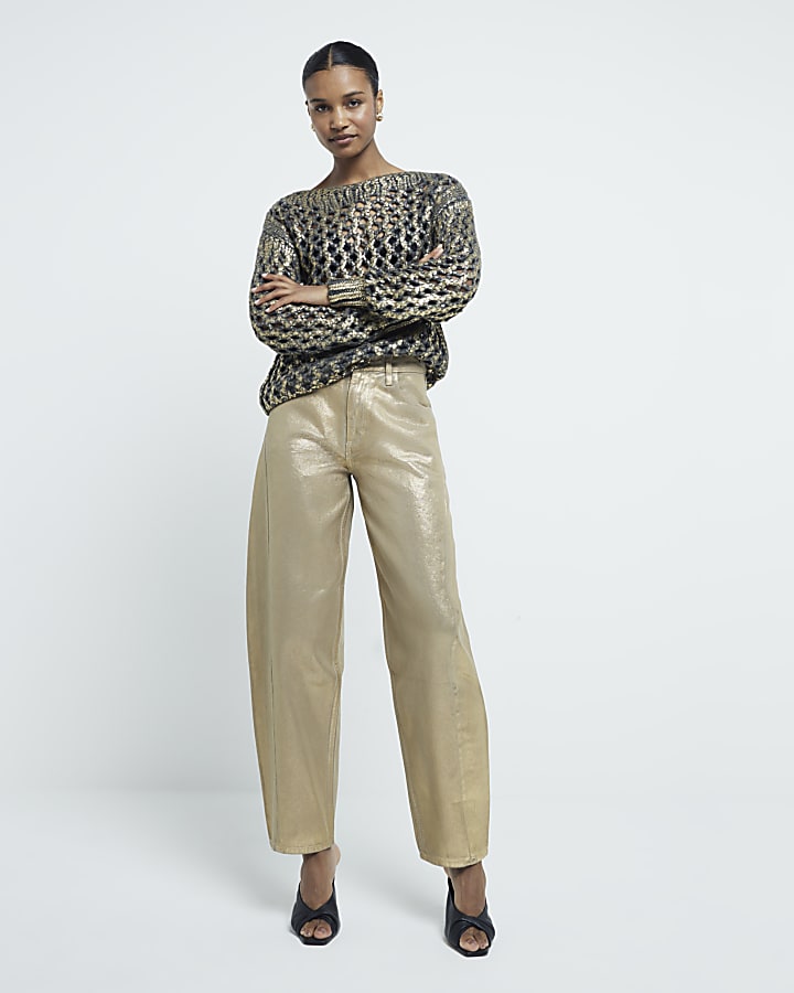 Gold Coated Seamed Barrel Jeans