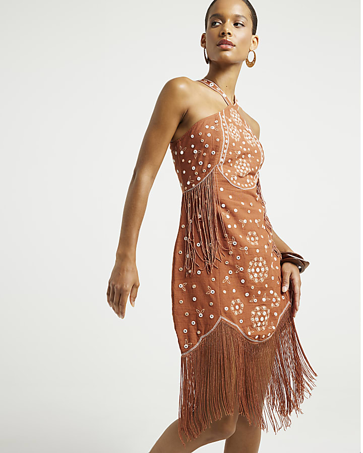 Rust embellished fringe slip mini dress