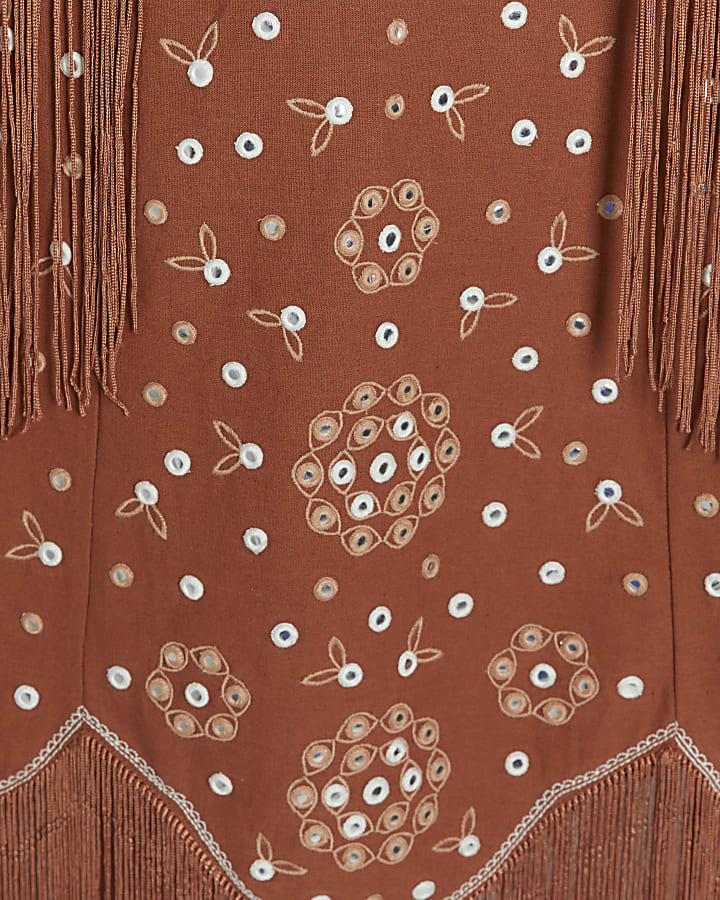 Rust embellished fringe slip mini dress