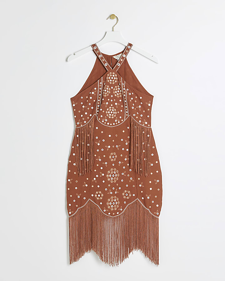 Rust embellished fringe slip mini dress