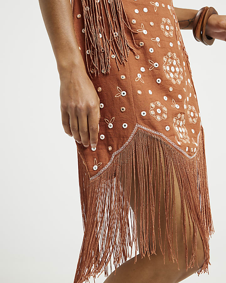 Rust embellished fringe slip mini dress