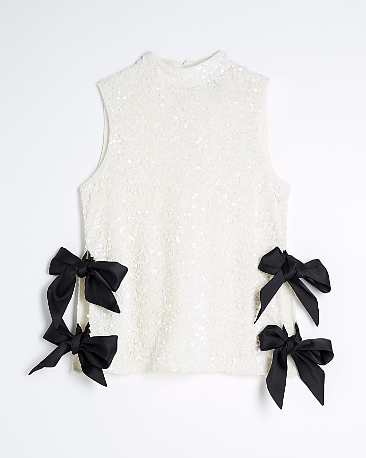 White Sequin Bow Side Tie Top
