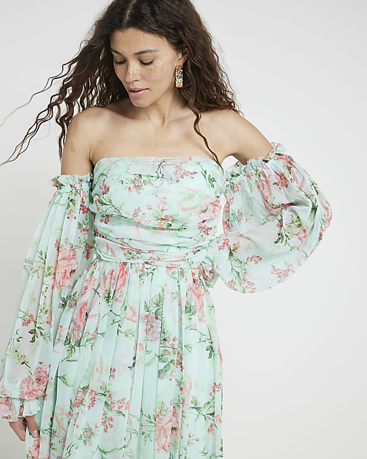 Green Floral Chiffon Bandeau Maxi Dress