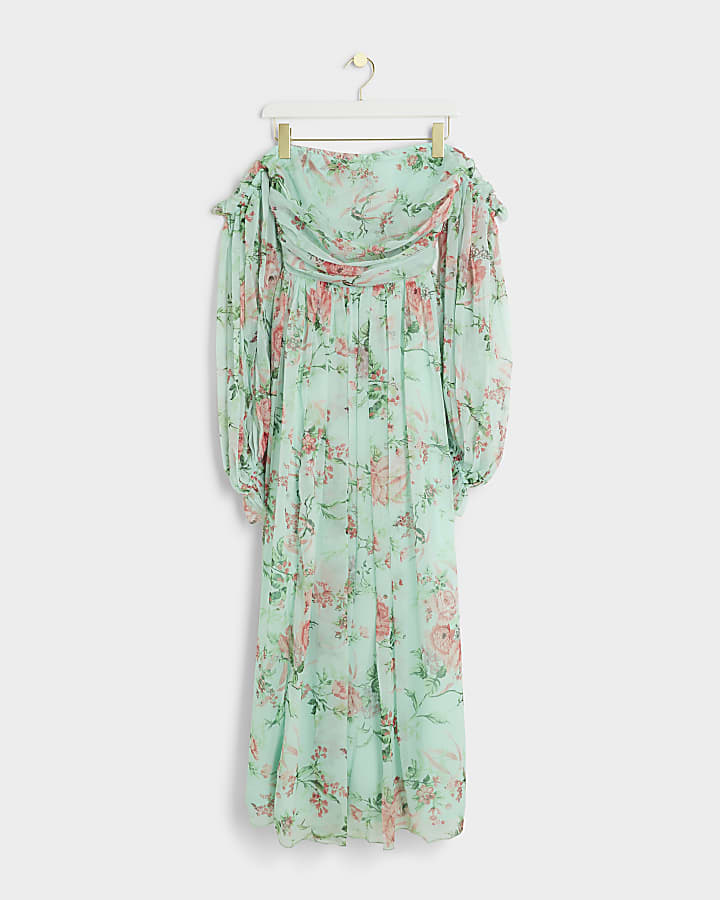 Green Floral Chiffon Bandeau Maxi Dress