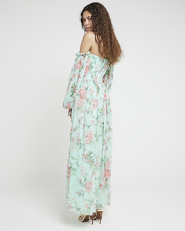 Green Floral Chiffon Bandeau Maxi Dress