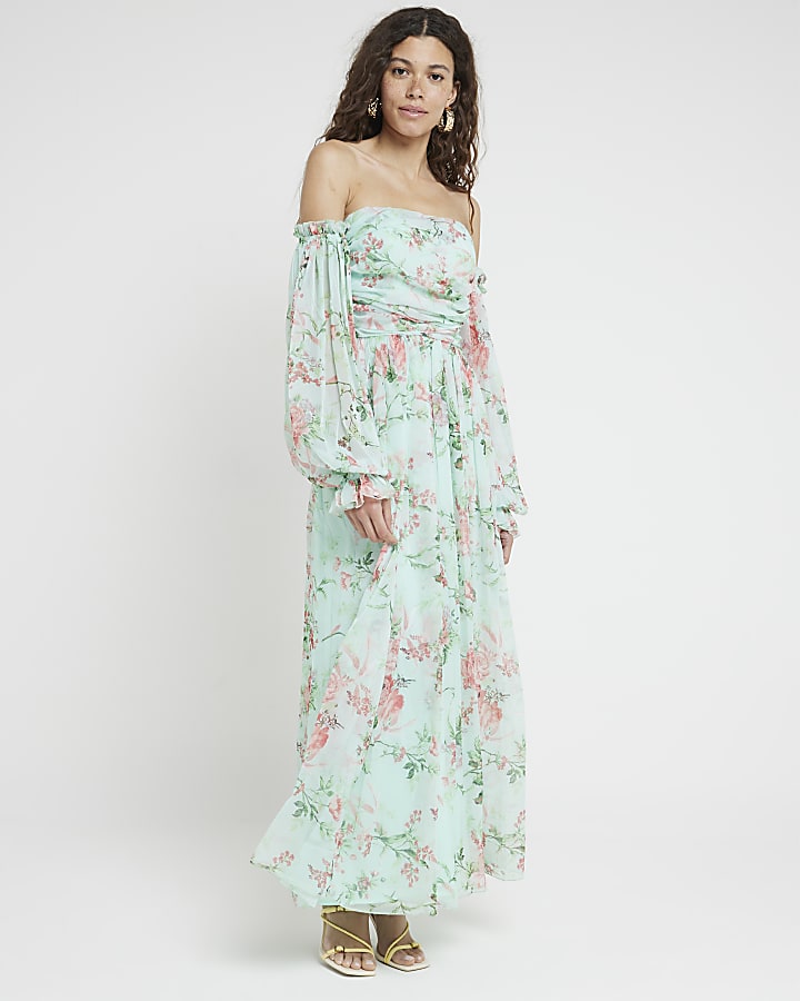 Green Floral Chiffon Bandeau Maxi Dress