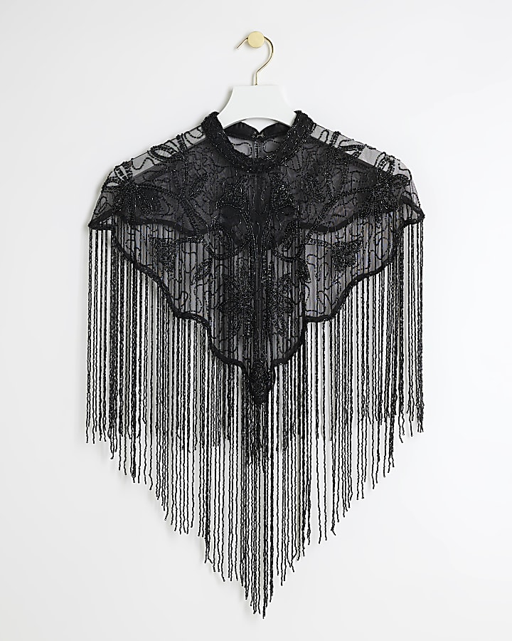 Black Sequin Fringe Cape