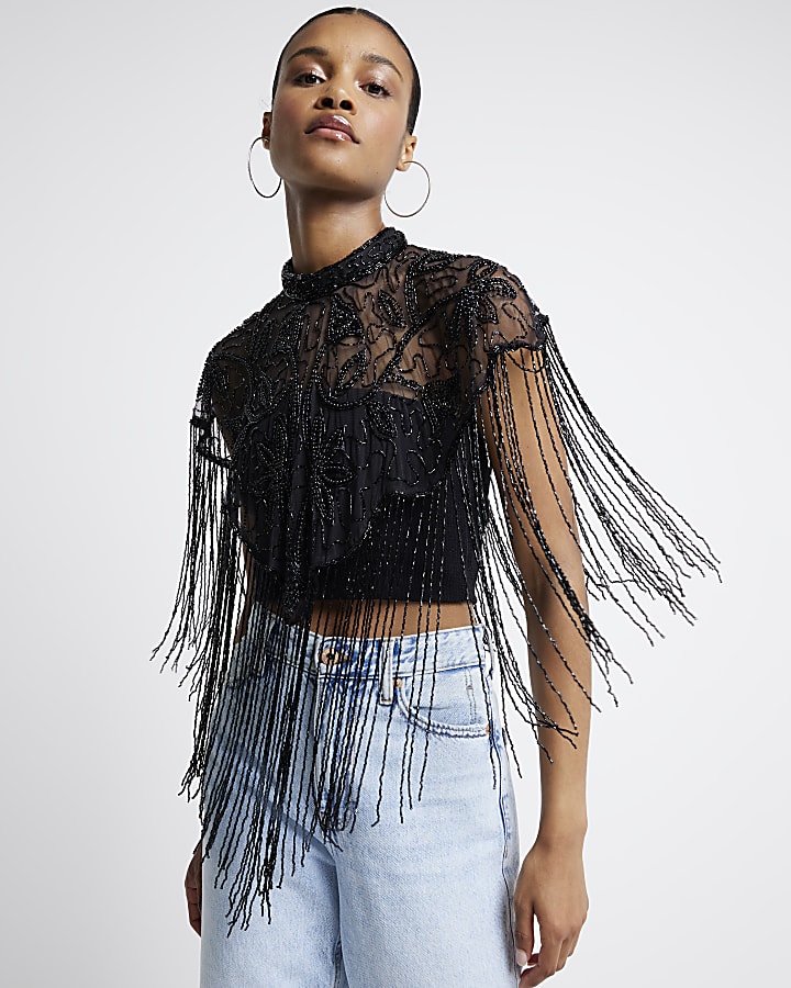 Black Sequin Fringe Cape