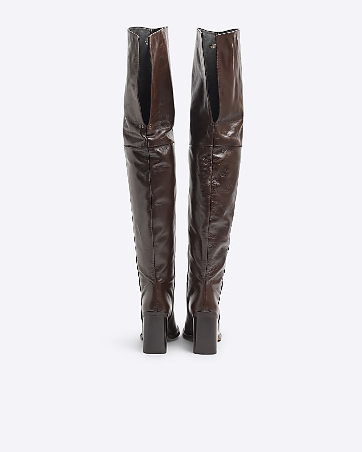 Brown Leather Thigh High Heeled Boots