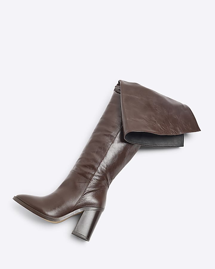 Brown Leather Thigh High Heeled Boots