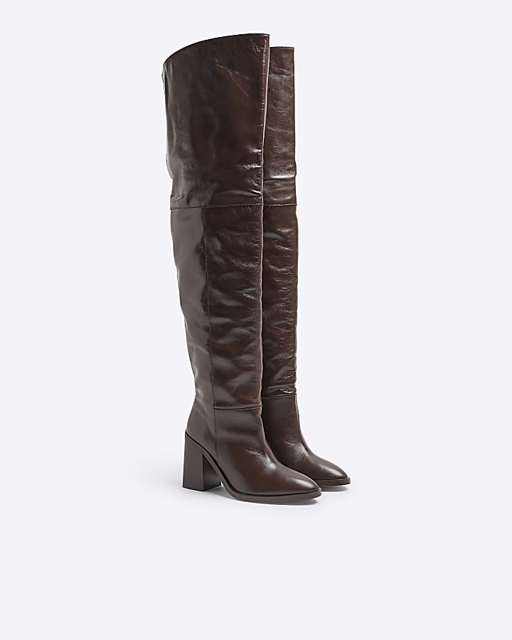 Brown Leather Thigh High Heeled Boots