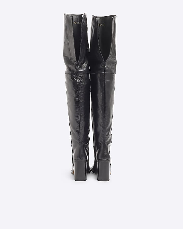 Black Leather Thigh High Heeled Boots