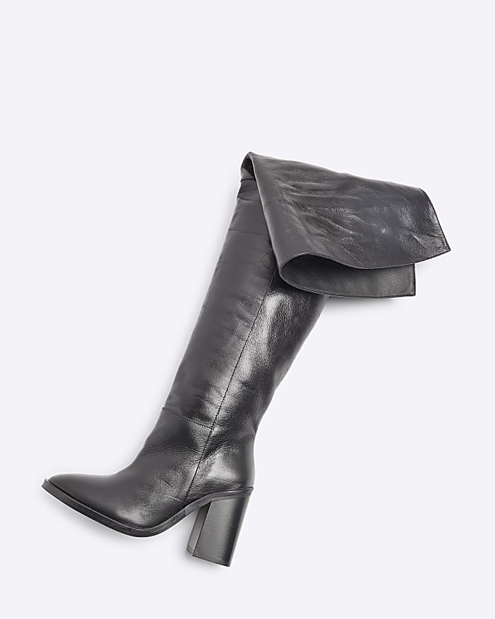 Black Leather Thigh High Heeled Boots