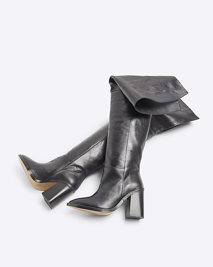 Black Leather Thigh High Heeled Boots