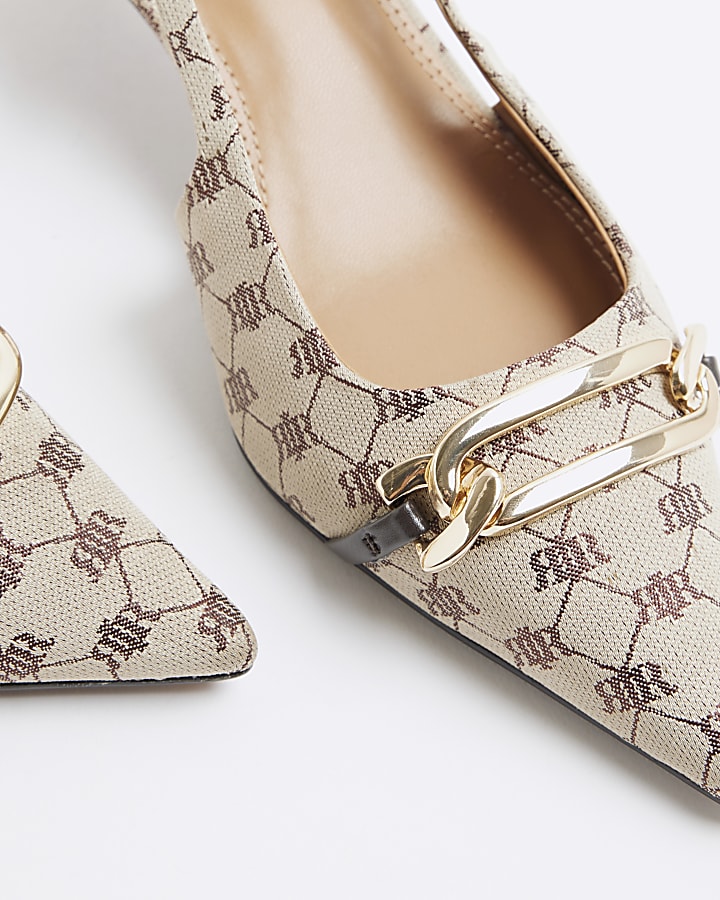 Beige jacquard monogram kitten heeled shoes