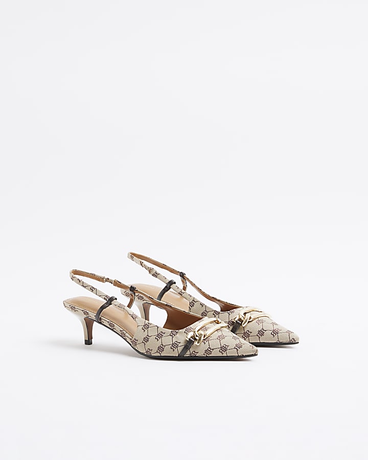 Beige jacquard monogram kitten heeled shoes