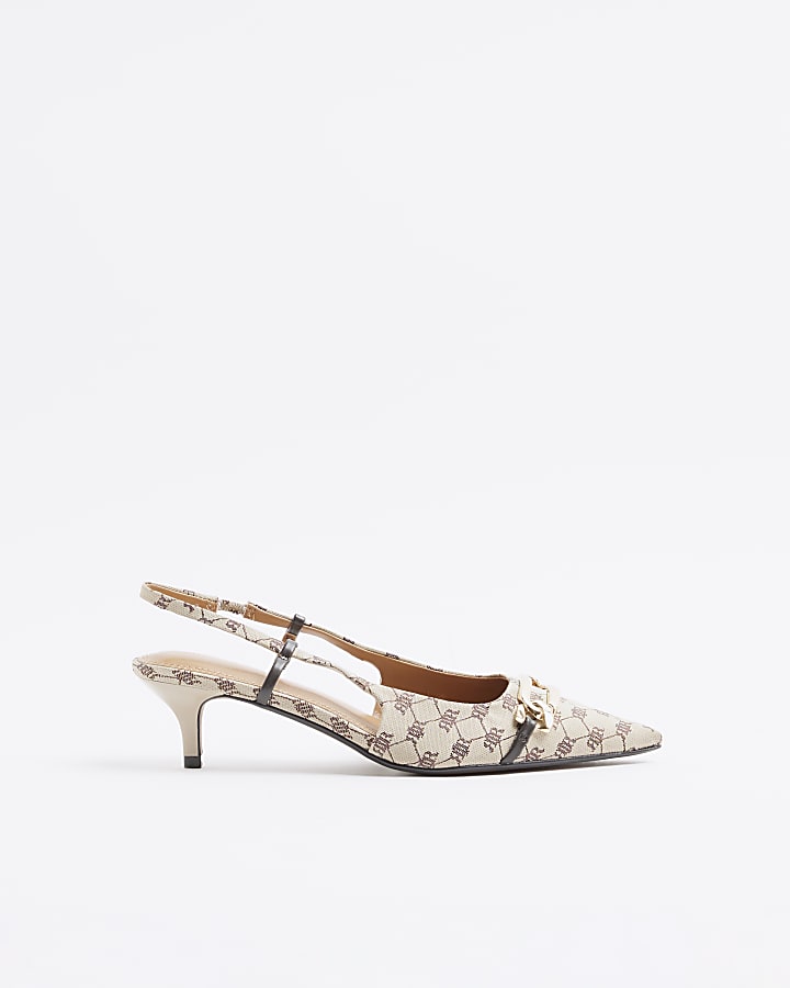 Beige jacquard monogram kitten heeled shoes