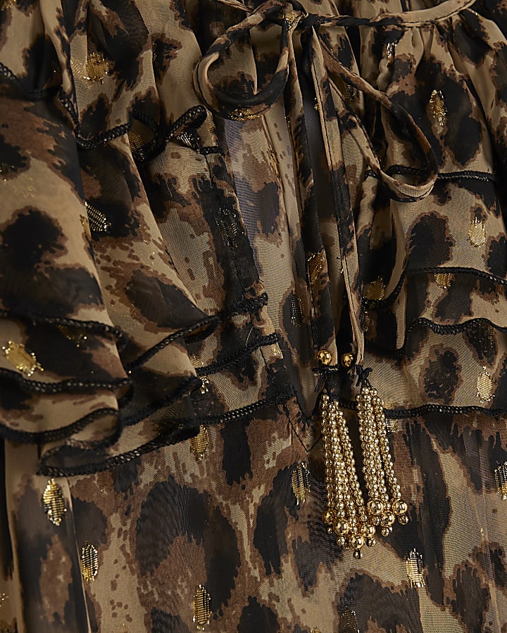Beige leopard print frill blouse