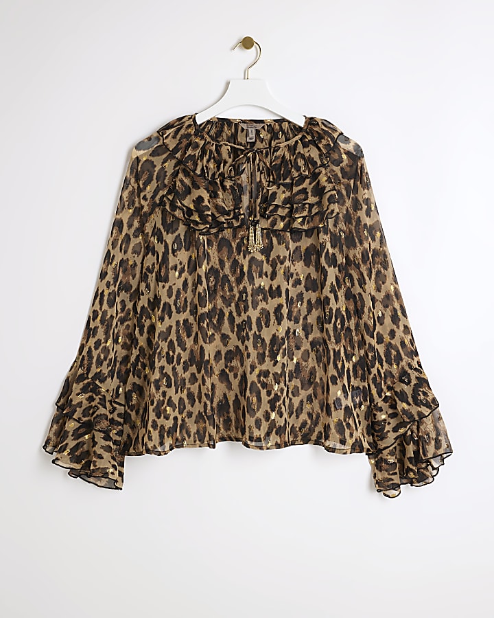 Beige leopard print frill blouse