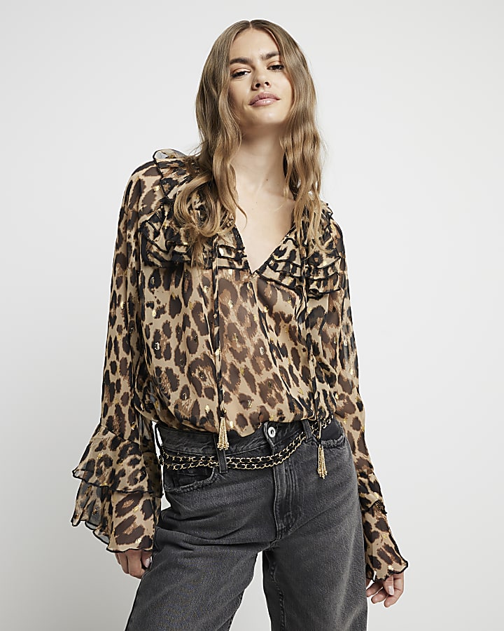 Beige leopard print frill blouse