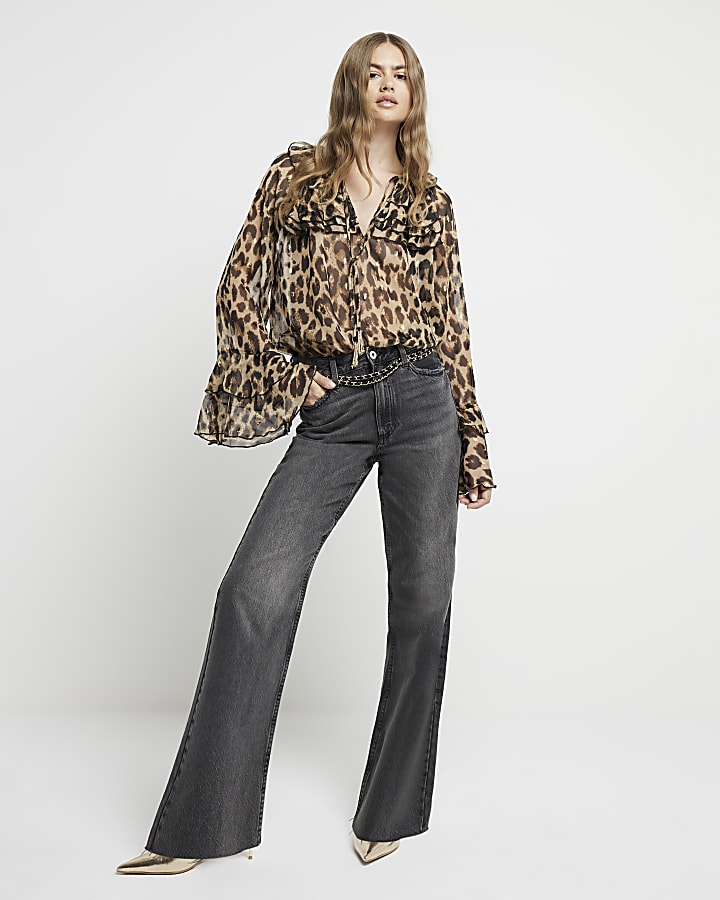 Beige leopard print frill blouse