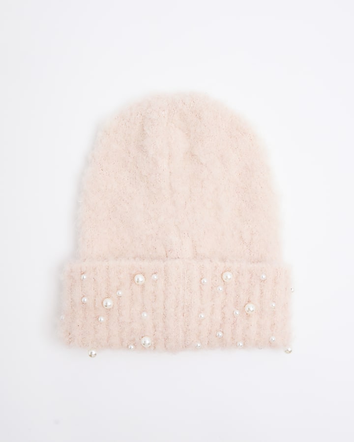 Pink Fluffy Brushed Pearl Beanie Hat