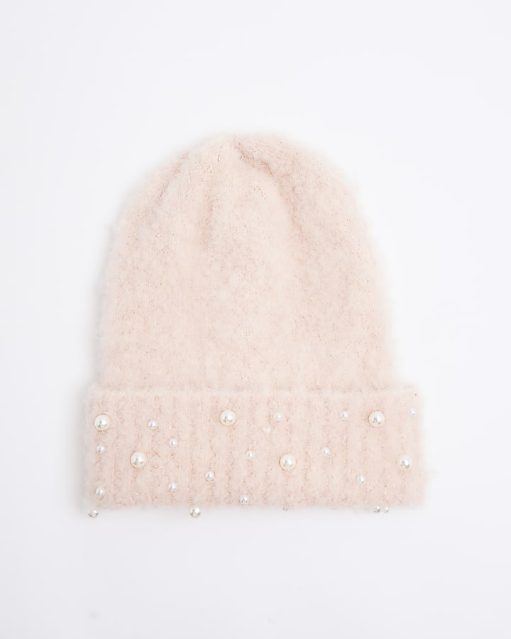 Pink Fluffy Brushed Pearl Beanie Hat