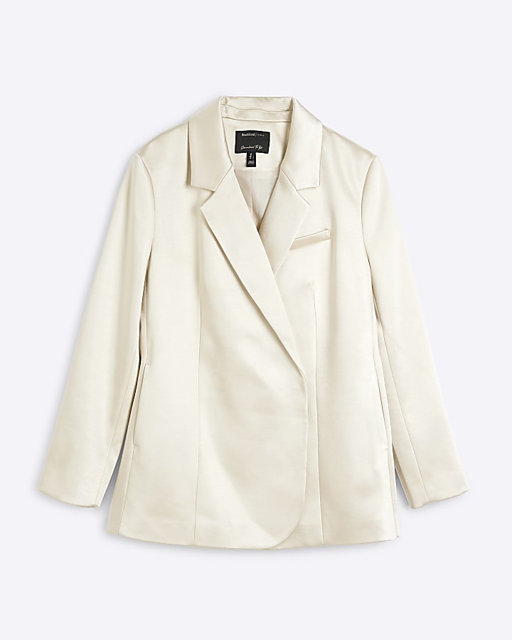 Cream Bonded Satin Double Breasted Blazer