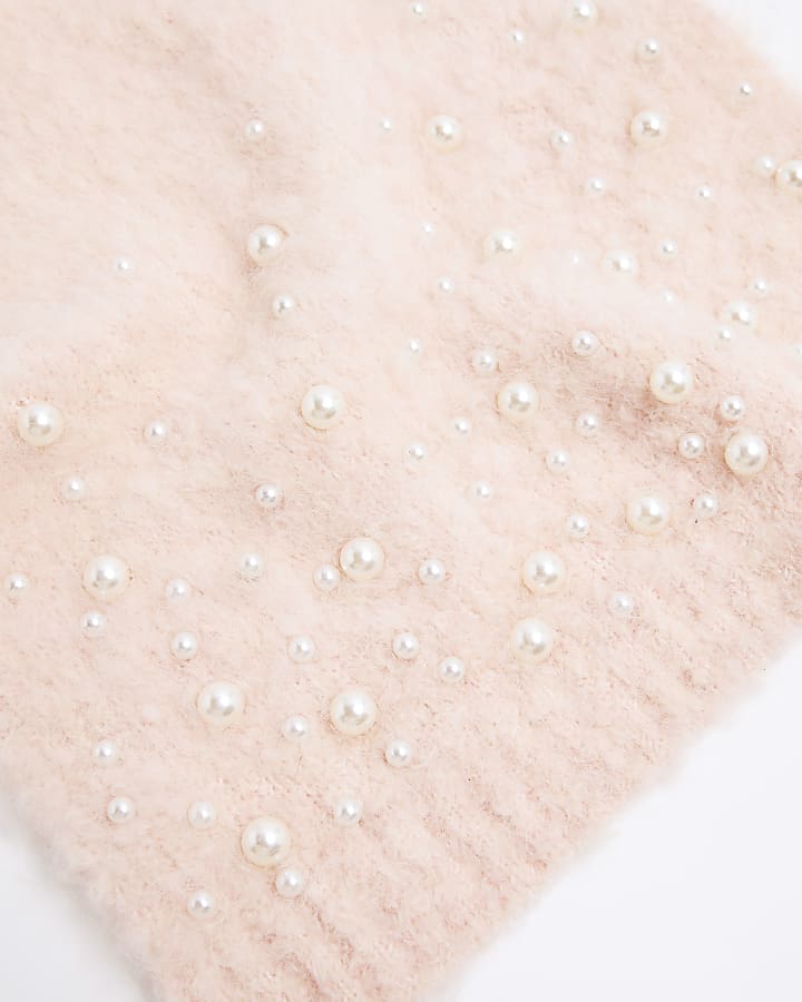 Pink Fluffy Brushed Pearl Embellished Scarf