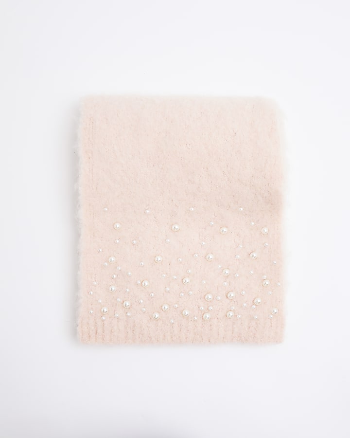 Pink Fluffy Brushed Pearl Embellished Scarf