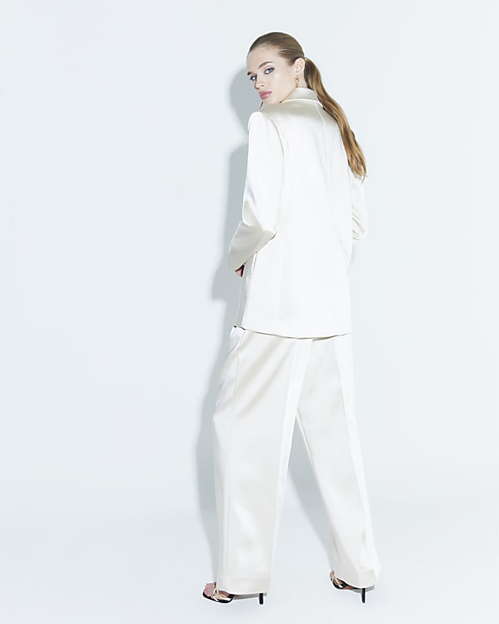 Cream Bonded Satin Wide Leg Trouser
