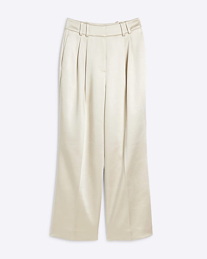Cream Bonded Satin Wide Leg Trouser