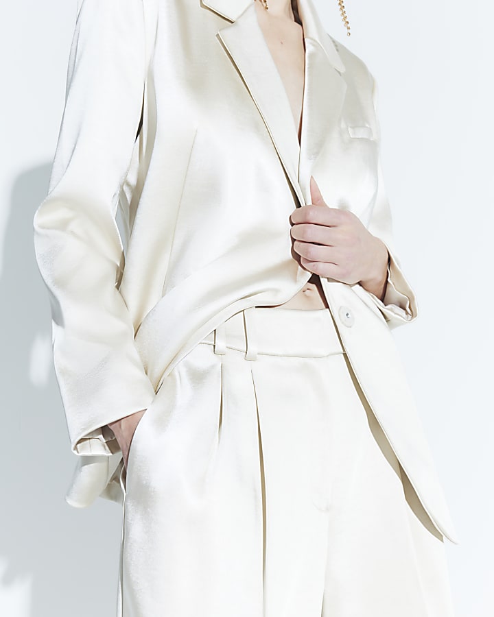 Cream Bonded Satin Wide Leg Trouser