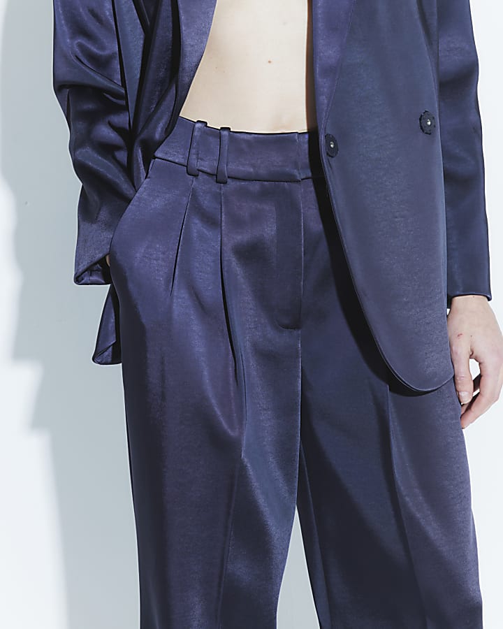 Navy Bonded Satin Wide Leg Trousers