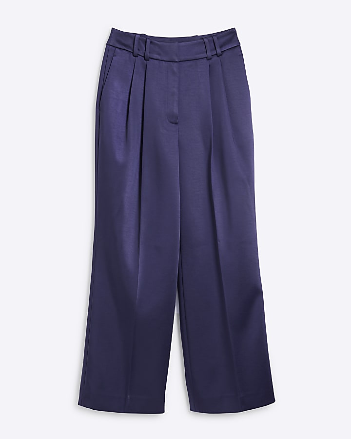 Navy Bonded Satin Wide Leg Trousers