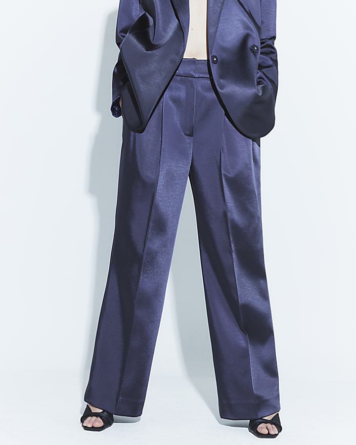 Navy Bonded Satin Wide Leg Trousers