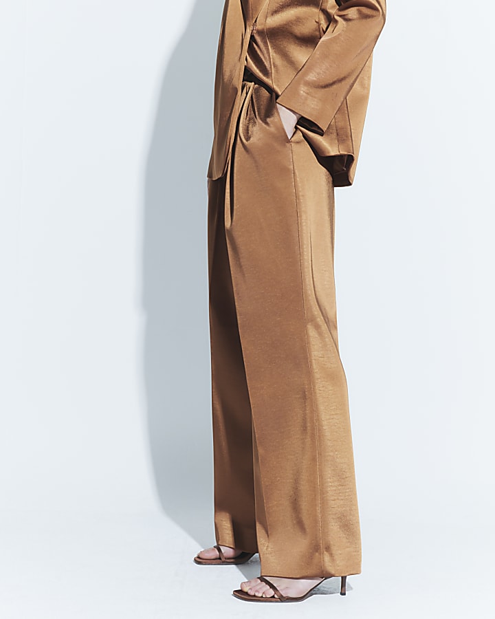 Brown Bonded Satin Wide Leg Trousers