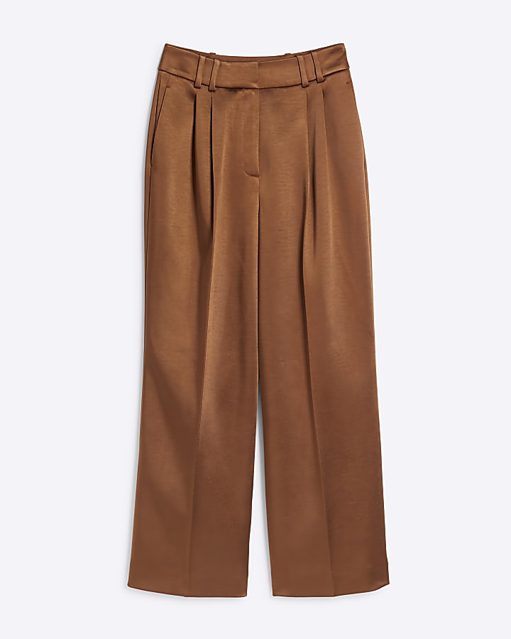 Brown Bonded Satin Wide Leg Trousers