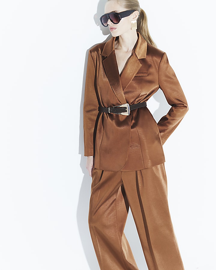 Brown Bonded Satin Wide Leg Trousers