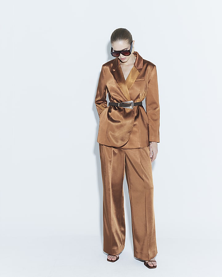 Brown Bonded Satin Wide Leg Trousers