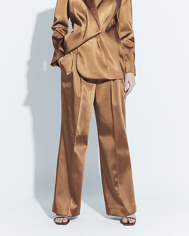 Brown Bonded Satin Wide Leg Trousers