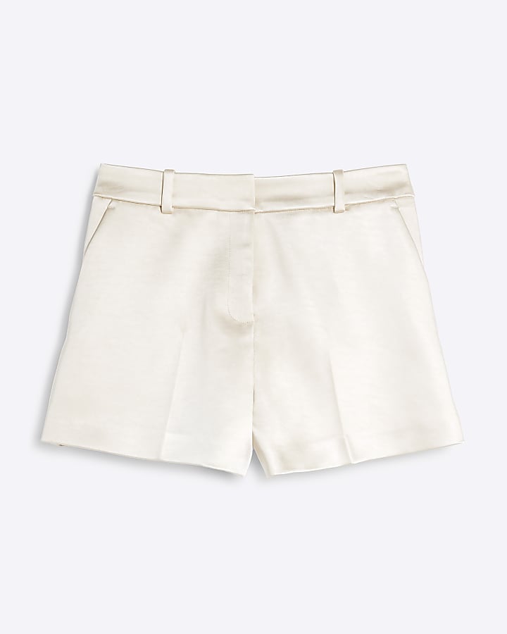 Cream Bonded Satin High Waisted Shorts