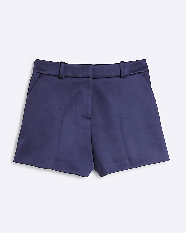 Navy Bonded Satin High Waisted Shorts