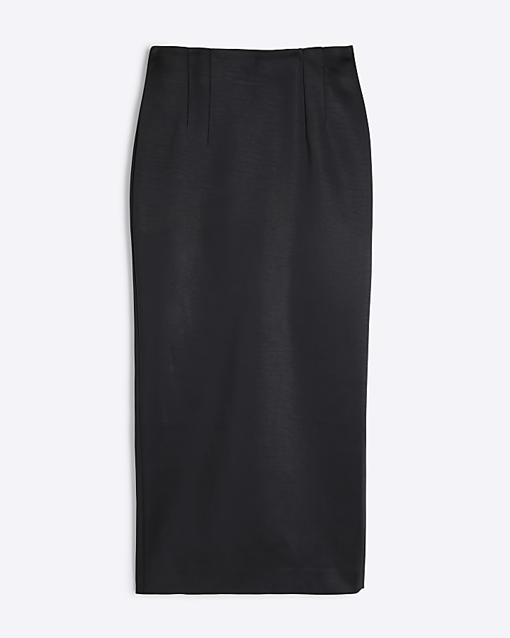 Black Satin Pencil Midi Skirt